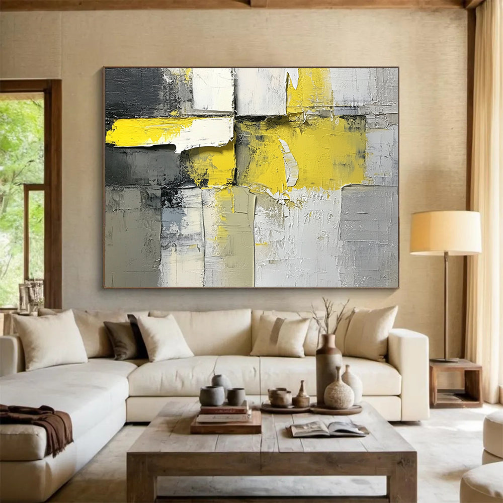 “Geometric Energy” - Yellow, Gray, White, Textured Cubes Painting On Canvas HB1037