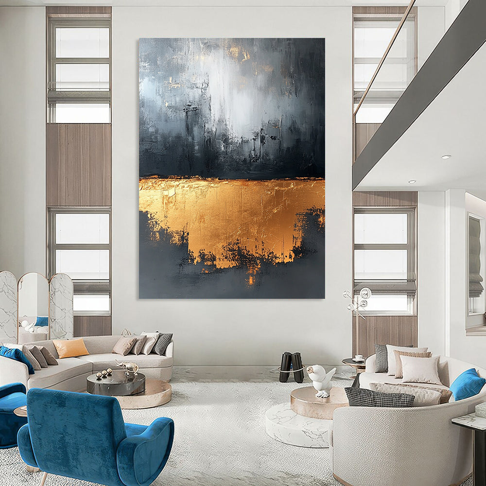Large contemporary abstract painting in gray and gold tones with gold foil and strong textures for luxurious wall decor. DLZ0521
