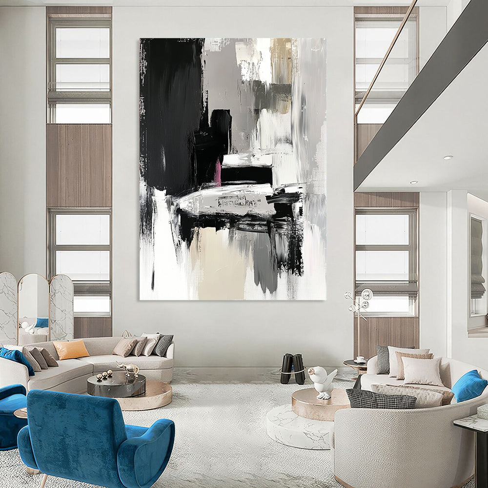 Contemporary hand-painted abstract artwork in black and grey features expressive brushstrokes with fluid shapes and textured surfaces depicting a car in an art gallery. DLZ0924
