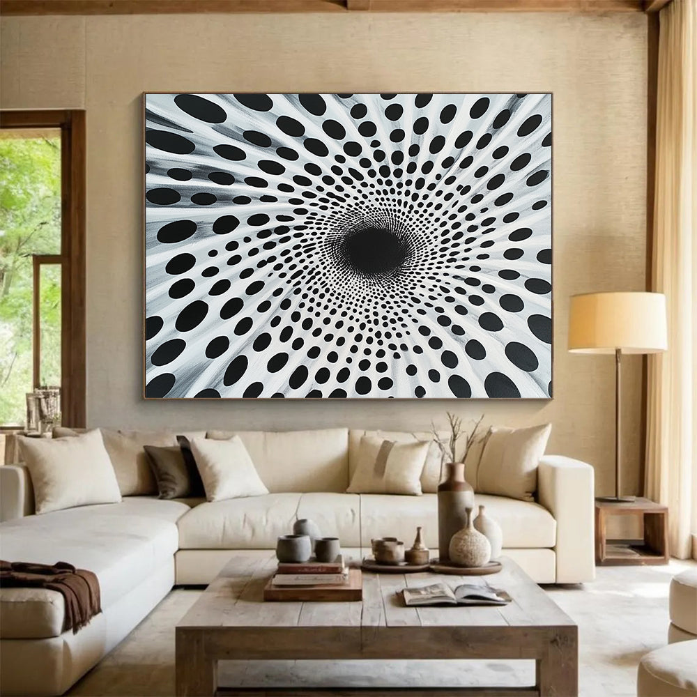 Black Dots on White Radial Pattern - “Spiral Particle Vortex” Painting On Canvas HB189