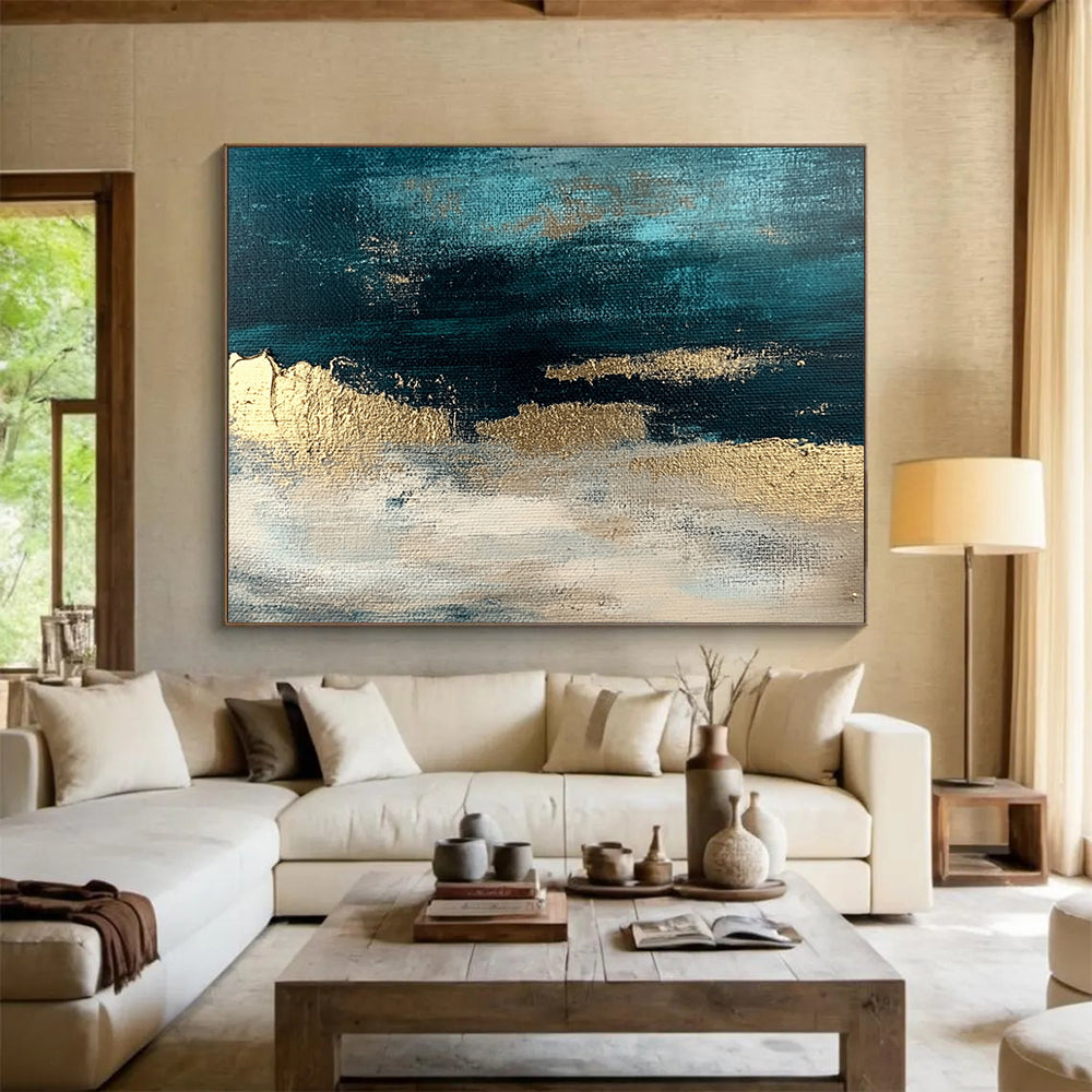 “Teal - Gold Abstract Horizon” - Teal, Gold, White with Textured Layers - Painting On Canvas HB1404
