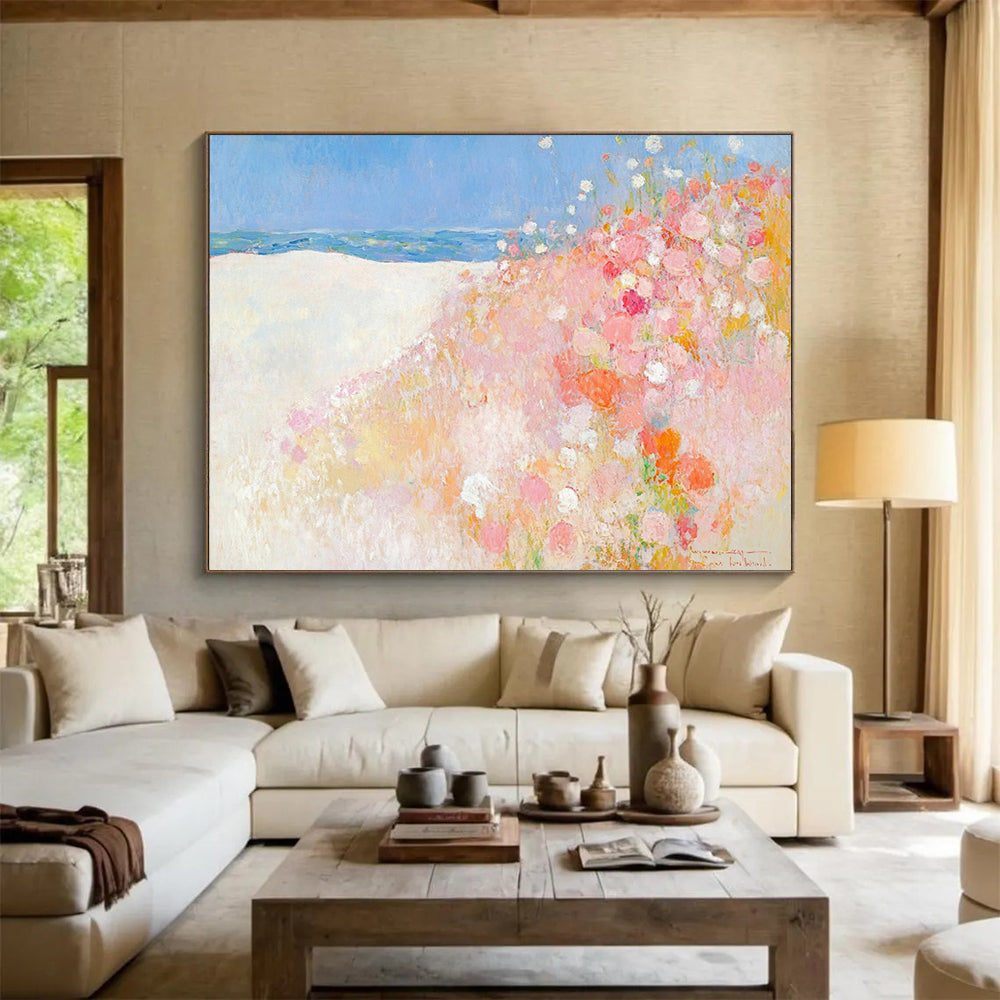 “Seaside Flower Dunes” - Soft pastels, beach blooms, Impressionist Landscape Painting On Canvas HB0573