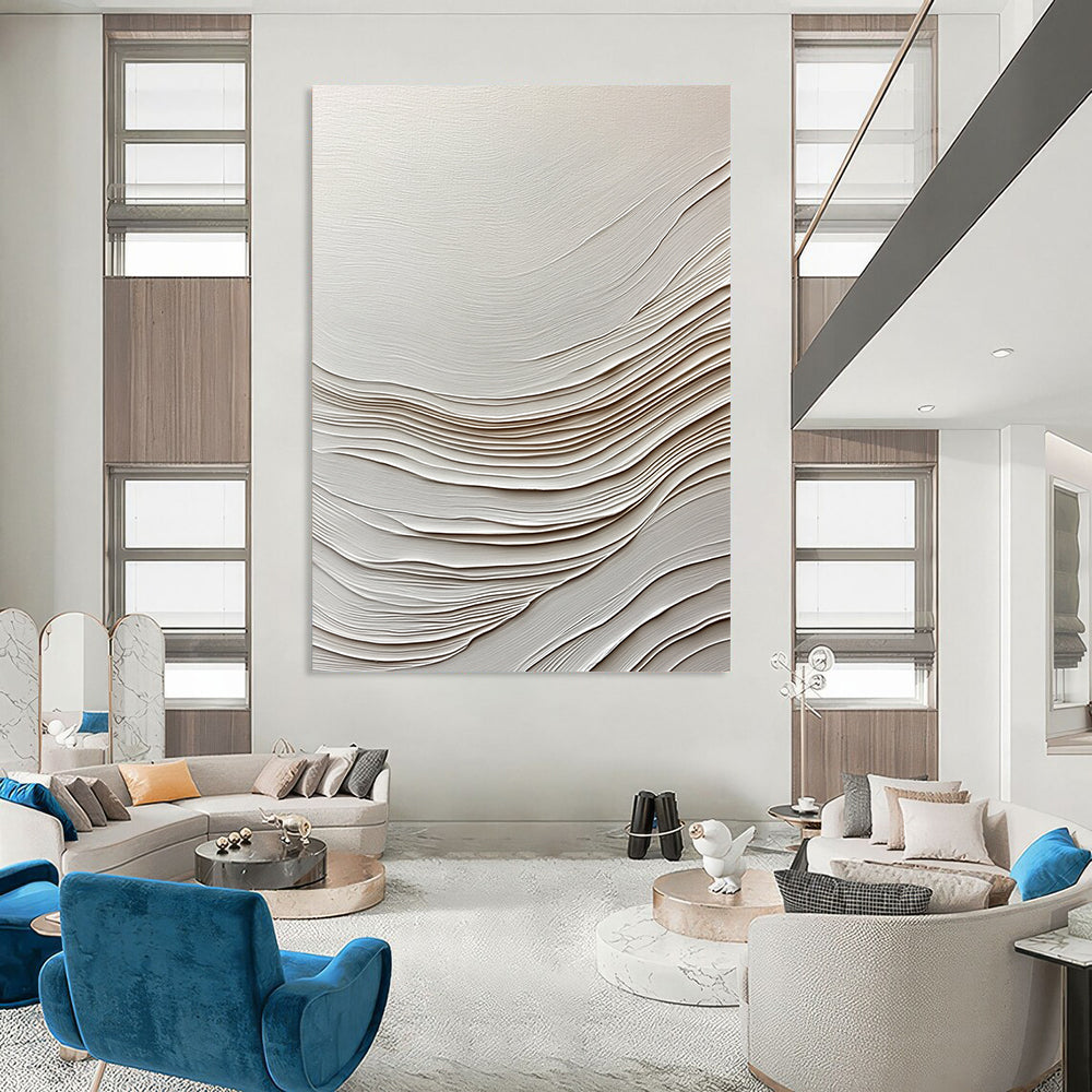 Contemporary hand-painted abstract artwork features smooth white paper with gentle wave-like lines, creating a serene and elegant visual experience. DLZ1233