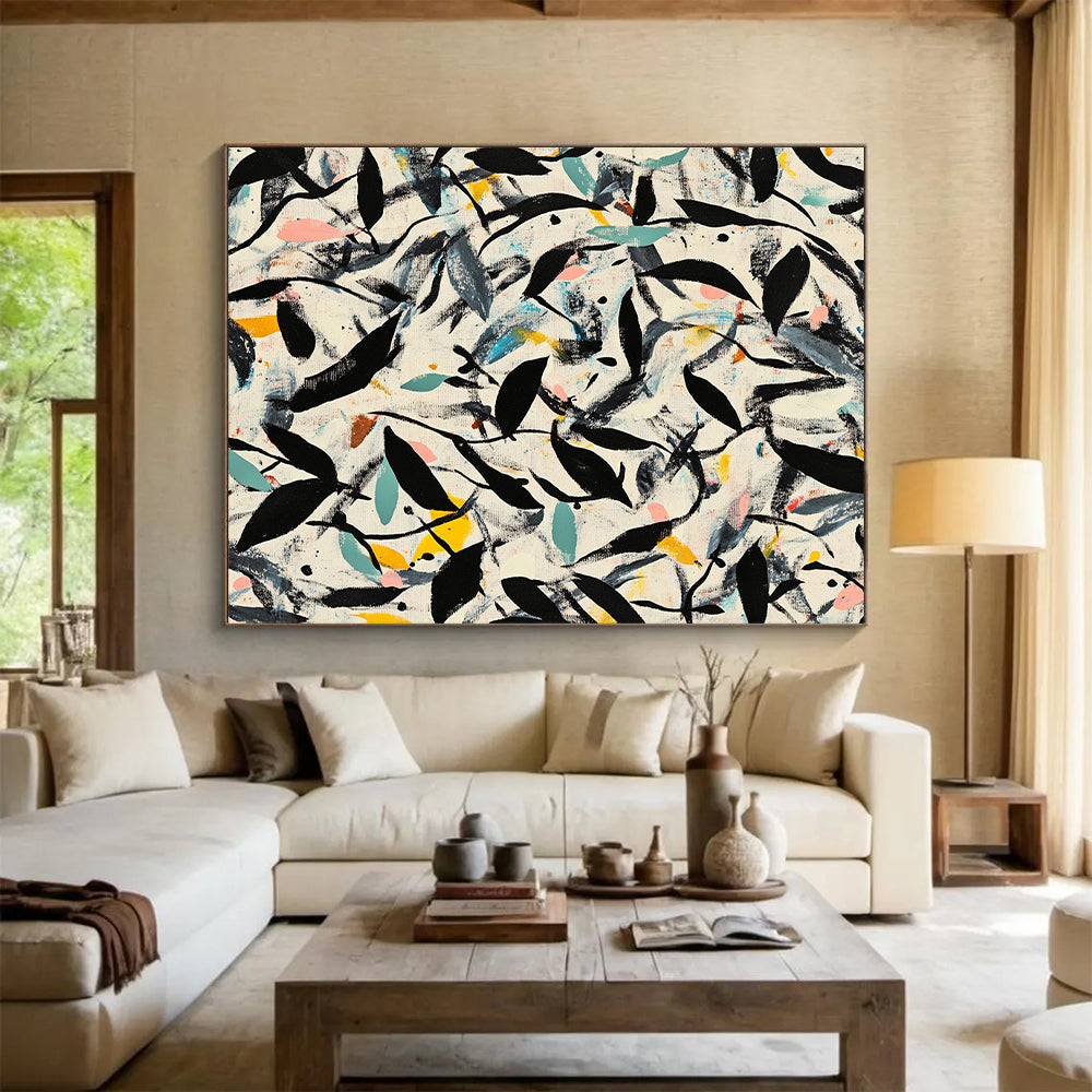 Black, Green, Blue, Yellow, Leafy Chaos "Botanical Burst" Abstract Expressionist Painting On Canvas HB081