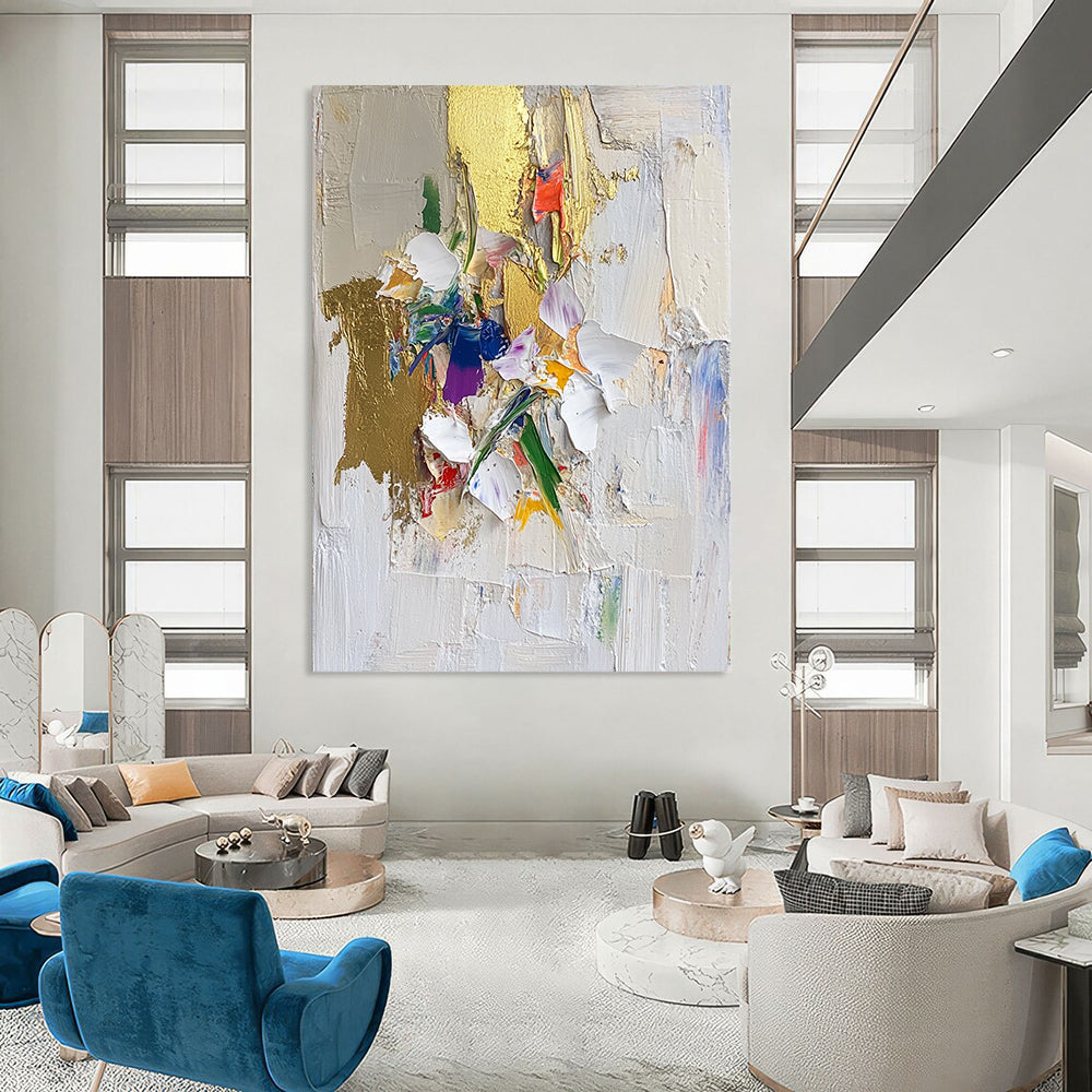 Contemporary abstract art featuring textured brushstrokes gold leaf accents floral motifs on a white backdrop with a collage-style composition. DLZ0635
