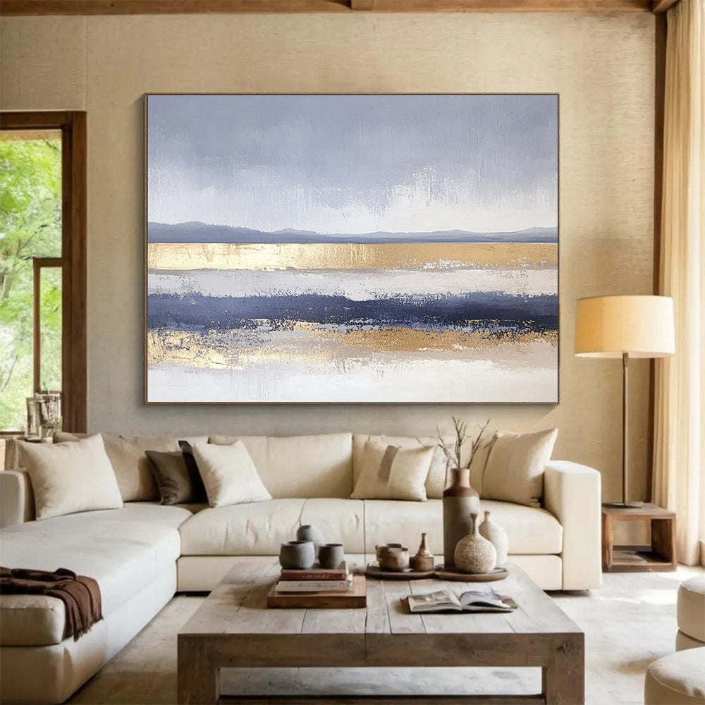 “Gray - Blue Abstract with Gold Bands” - Gray, Blue, Gold, Horizontal Landscape Bands Painting On Canvas HB0852
