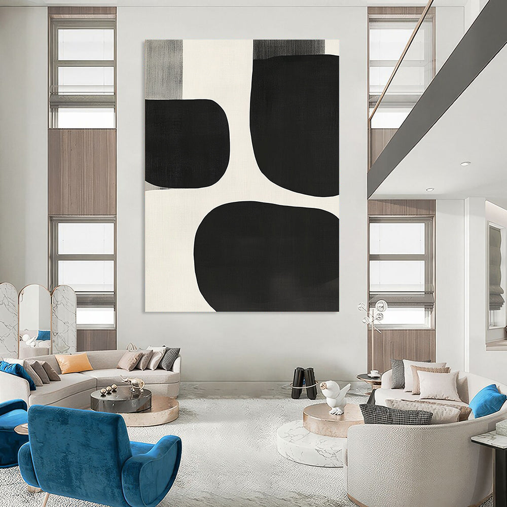 Contemporary hand-painted abstract artwork featuring black and white shapes, overlapping organic forms, soft edges, and a minimalist style inspired by mid-century modern design. DLZ1552