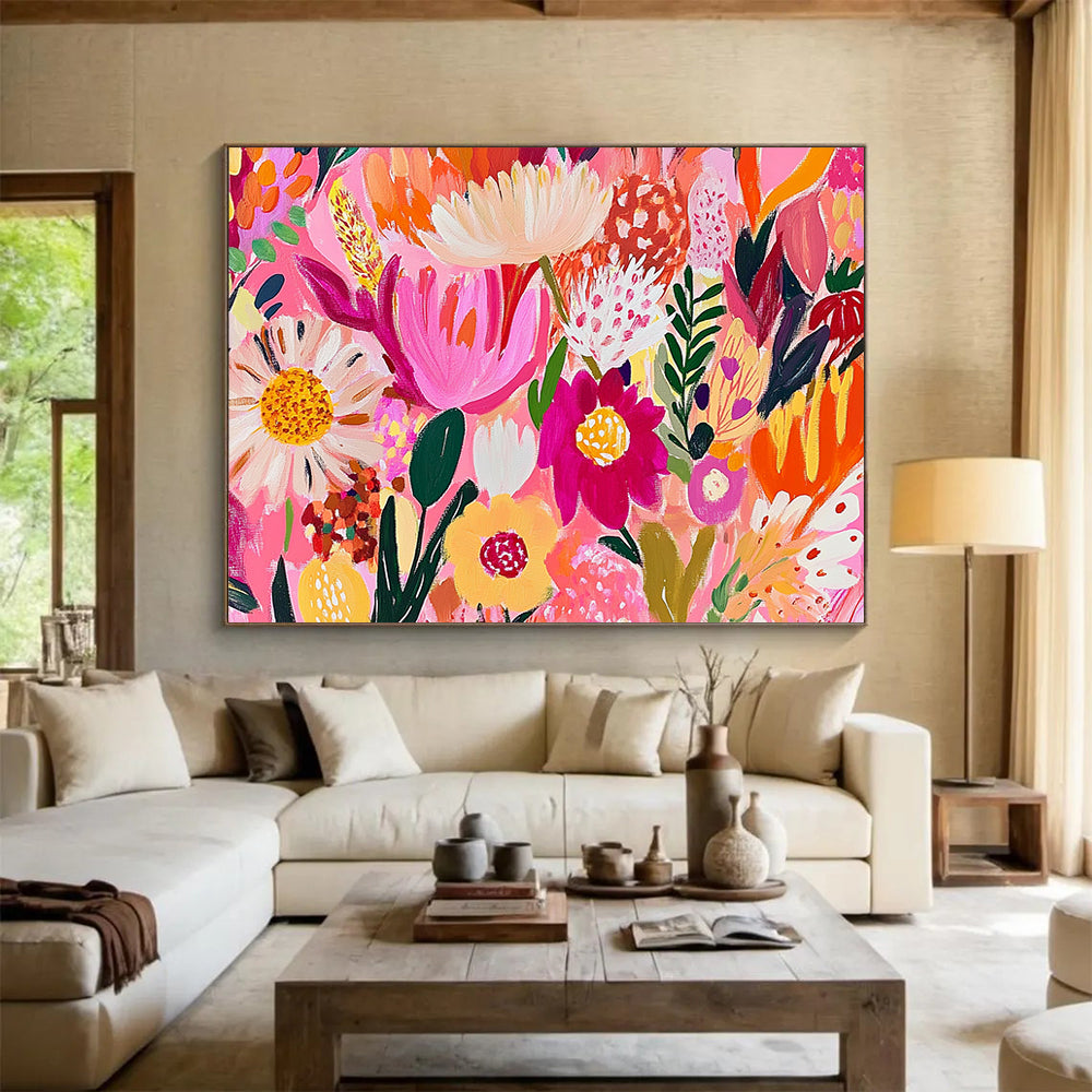 “Pink - Hued Floral Carnival” - Bright Pinks, Oranges, Yellows, Playful Flower Explosion - Contemporary Acrylic Painting HB1725