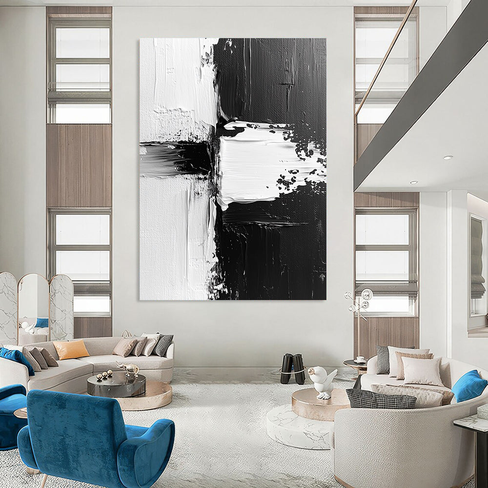 Contemporary abstract painting features dynamic black and white textures with expressive brush strokes and vibrant paint splashes on canvas. DLZ0309