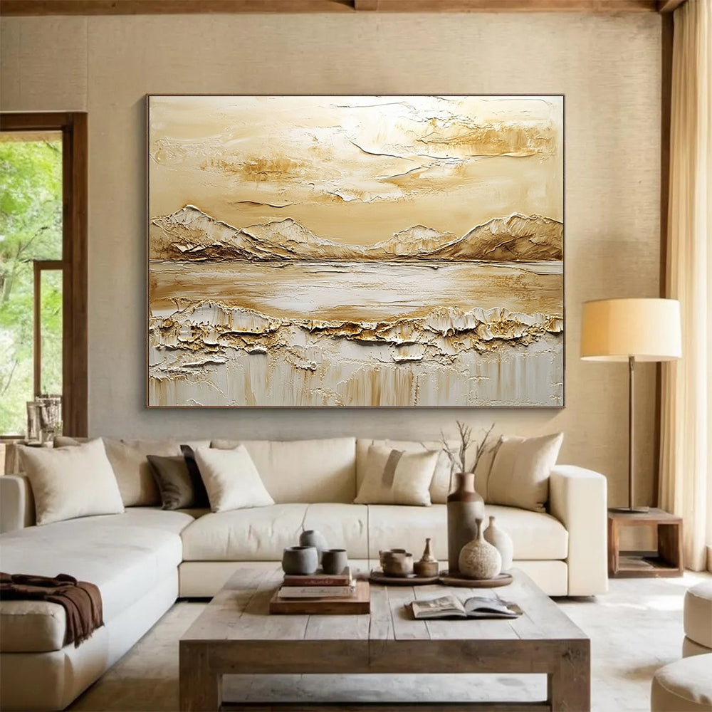 “Earthy Tones Textured Landscape” - Beige, Brown, White, 3D Mountain - Lake Abstract Painting On Canvas HB0982
