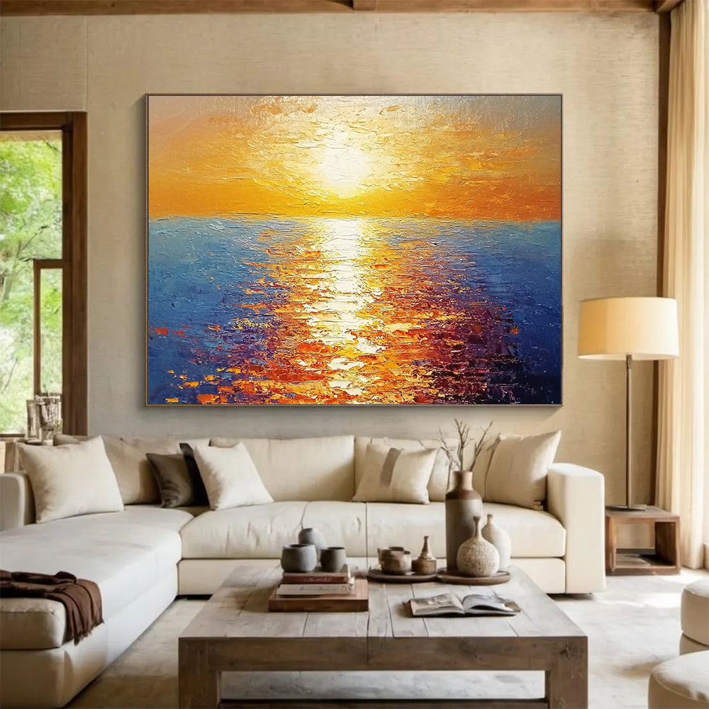 “Radiant Sunset Over Sea” - Orange, Yellow, Blue, Impressionist Seascape Painting On Canvas HB0693