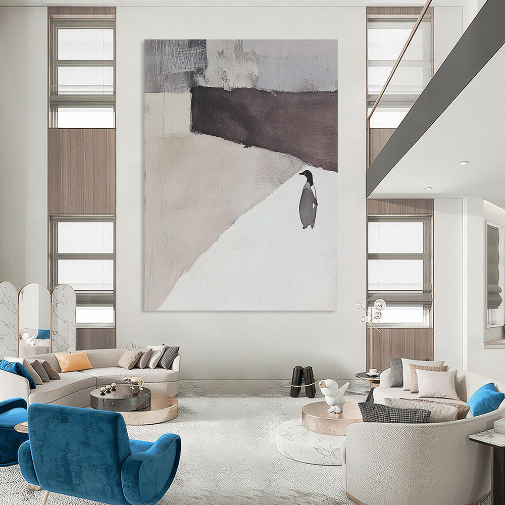 Contemporary hand-painted abstract artwork featuring an elegant white and gray landscape with a penguin silhouette and serene negative space. DLZ1725