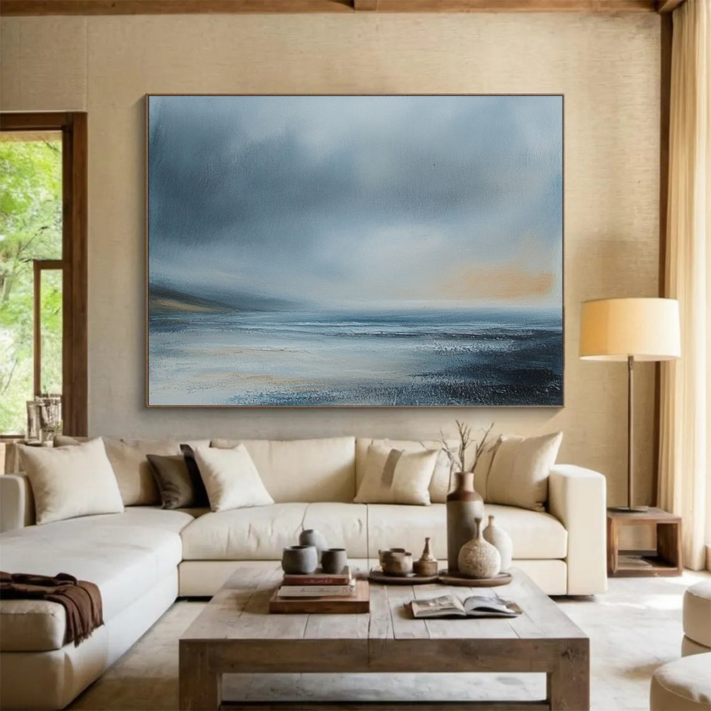 “Misty Coastal Landscape” - Gray, Blue, Subtle Orange, Atmospheric Seascape Painting On Canvas HB1008
