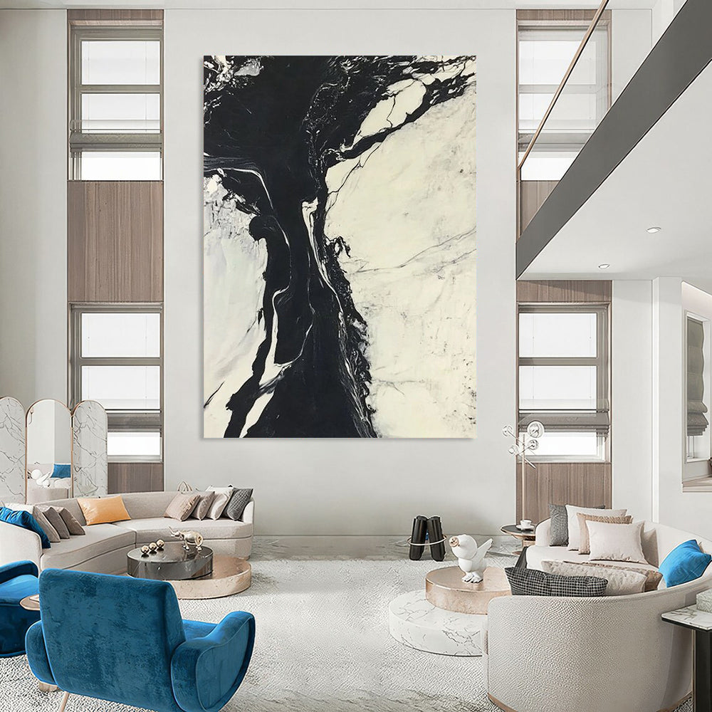 Contemporary abstract art features striking black and white marble ink merging with a cool river amidst snow-covered landscapes creating dynamic contrasts. DLZ1545