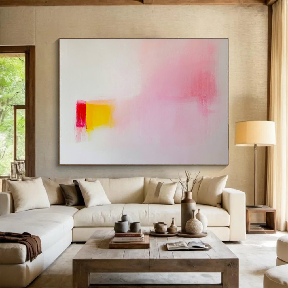 “Soft Color Block Abstraction” - Pink, yellow, red blocks, white background, Minimalist Color Field Painting On Canvas HB0605