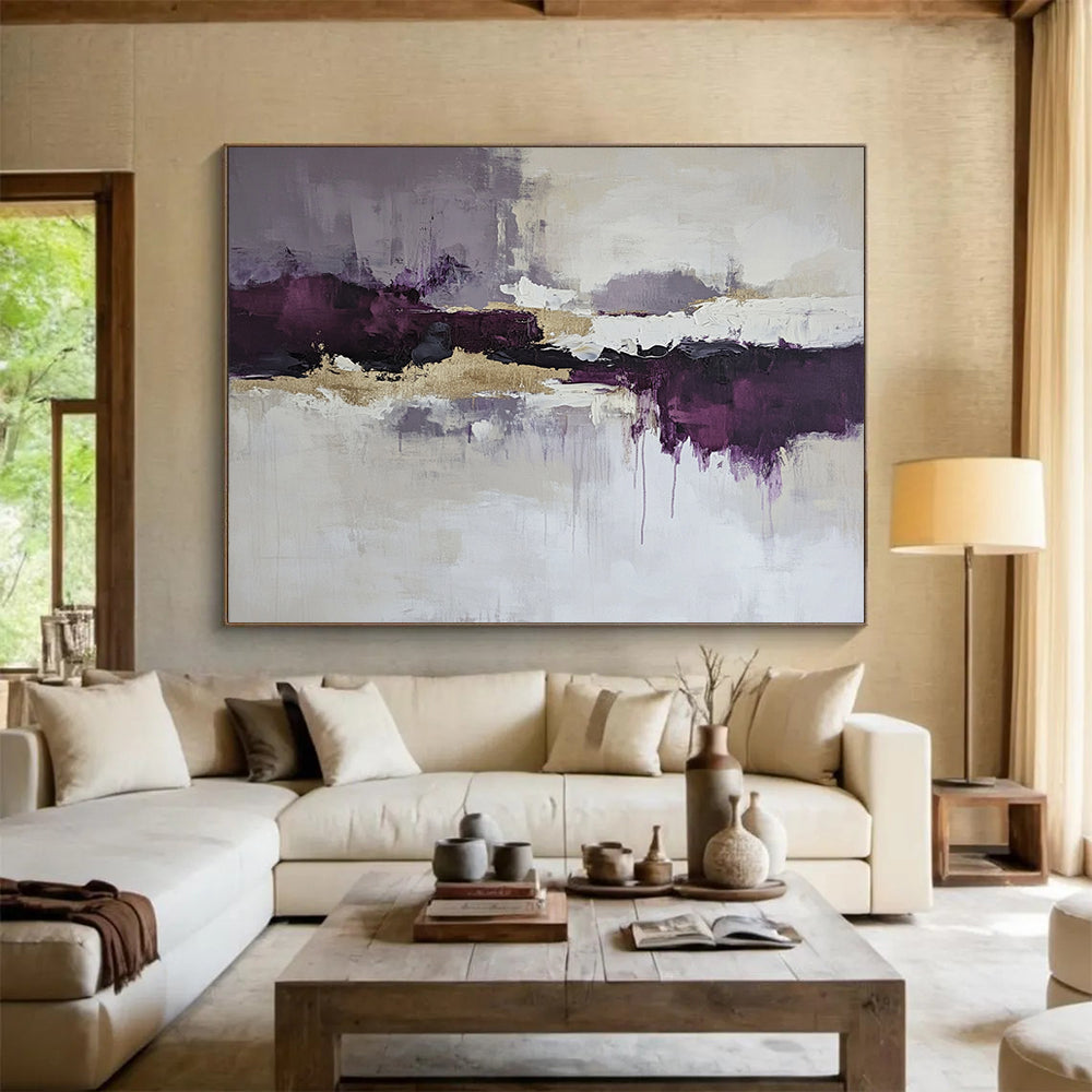 “Purple Gold Reflection” - Purple, gray, gold, white; Abstract reflection with gold; Acrylic Painting On Canvas HB1214