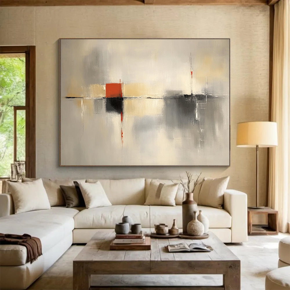 “Gray and Red Abstract Composition” - Gray, beige, white, red; Abstract composition with geometric elements; Acrylic Painting On Canvas HB1283