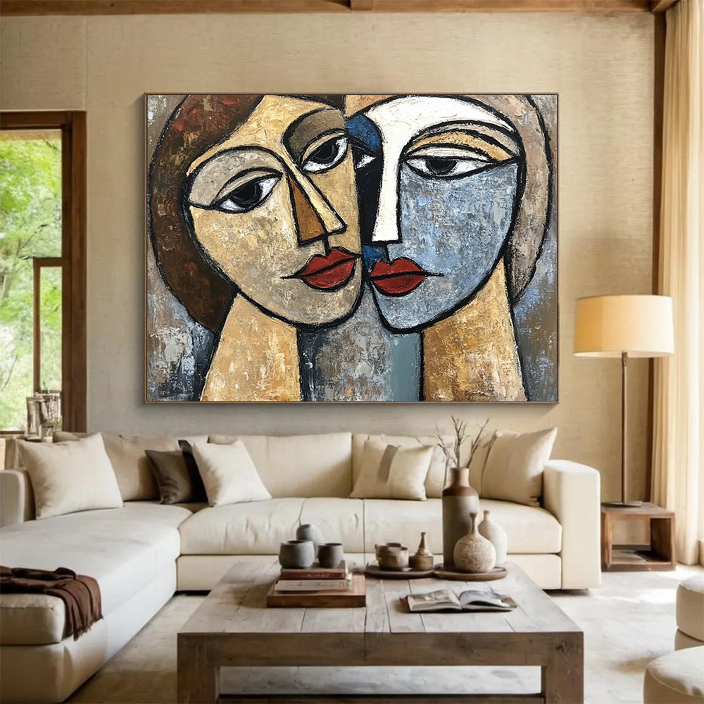 “Two Faces In Cubism” - Beige, Blue, Brown, Cubist Figurative Painting On Canvas HB0681