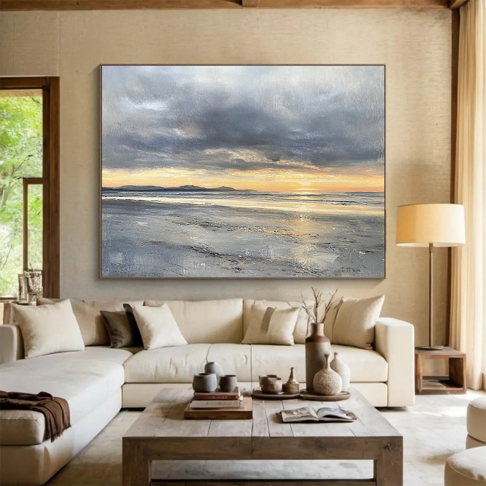 “Stormy Sunset Beach” - Grays, Oranges, Yellows, Coastal Sunset - Impressionist Oil Painting HB1595