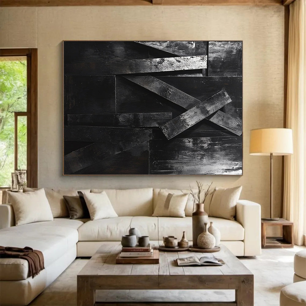 Textured Black Geometric Forms "Raw Structure" Painting On Canvas HB294