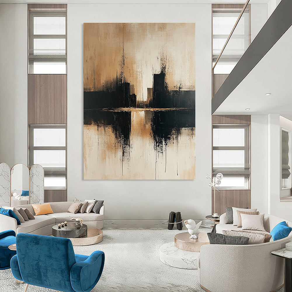 Contemporary abstract art showcasing an urban cityscape in beige and black tones on a textured canvas with a minimalist style and neutral palette. DLZ0465