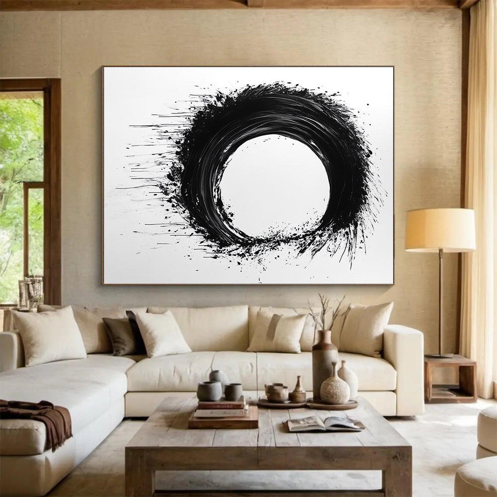 Black and White Splattered Circle "Energetic Enso" Painting On Canvas HB259
