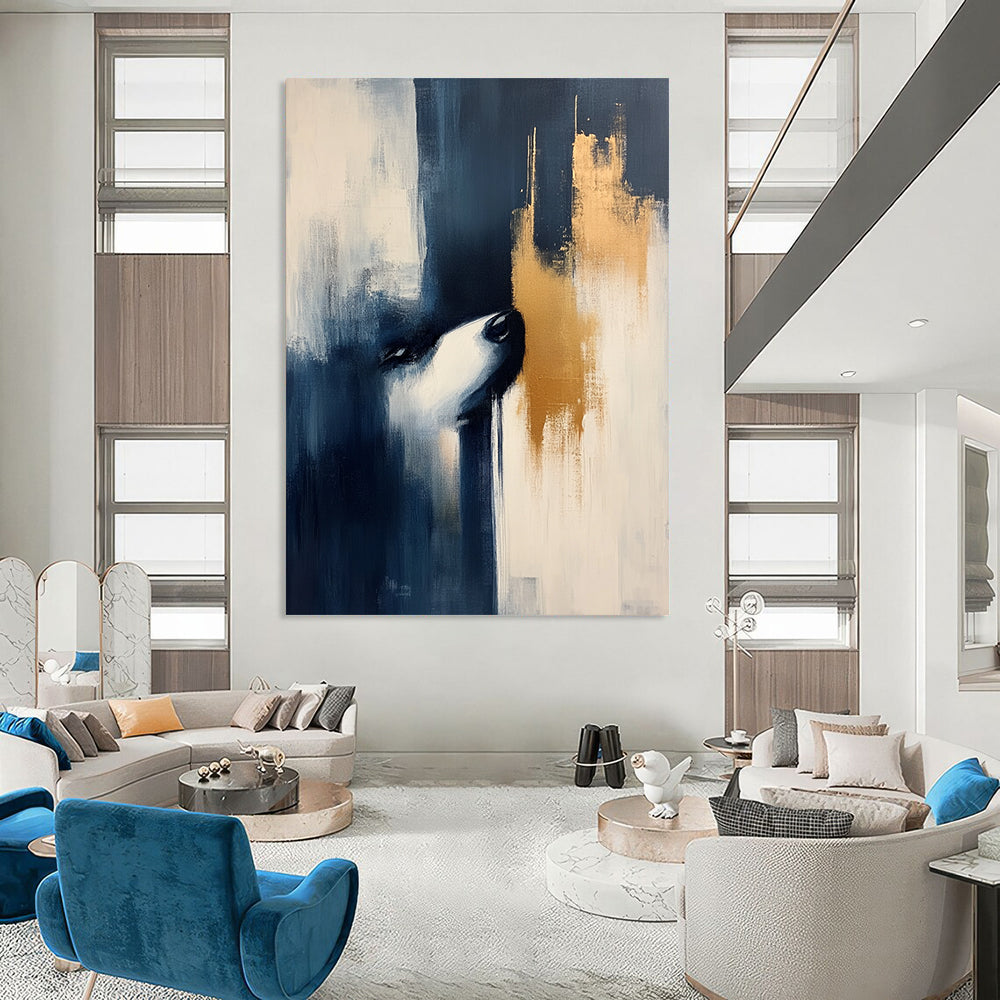 Contemporary hand-painted abstract art featuring dark blue and beige hues with elegant gold accents, perfect for modern decor. DLZ0850