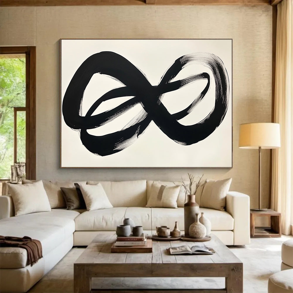 “Black Infinite Strokes” - Black, White, Minimalist Abstract Painting On Canvas HB0705