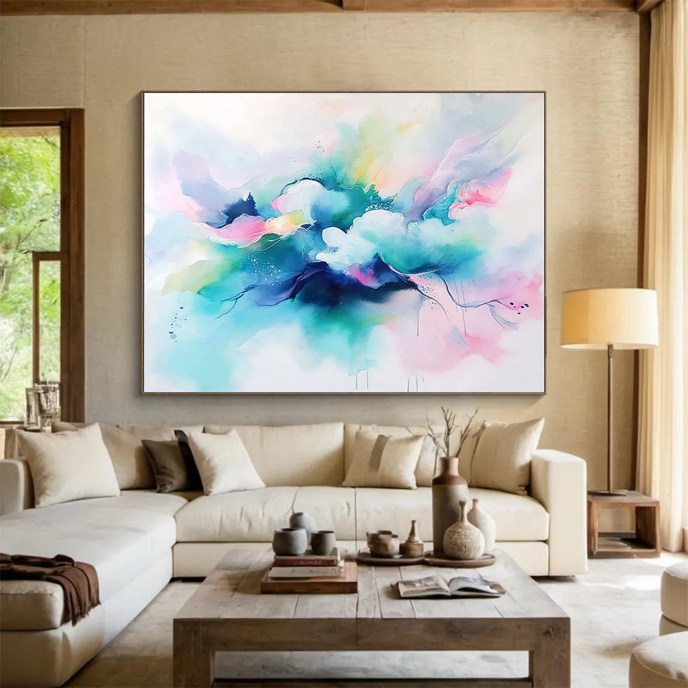 “Colorful Cloud Drift” - Blue, Pink, Green, Watercolor - like Abstract Clouds Painting On Canvas HB1046