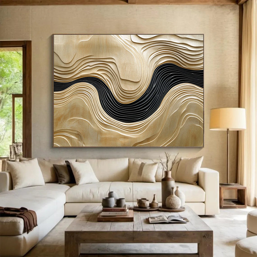 “Wooden Wave Carvings” - Light Wood, Black, 3D Abstract Wave Forms - Wood Art HB1634
