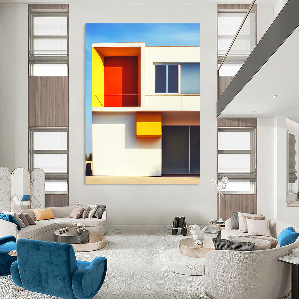 Contemporary abstract art featuring a minimalist white structure with vivid orange and yellow accents set against a clear blue sky background. DLZ1640