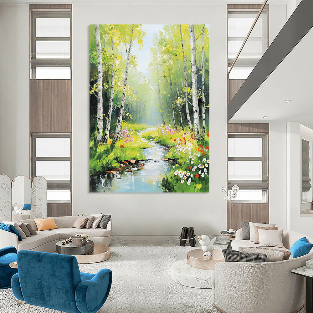 Vibrant contemporary hand-painted abstract artwork featuring birch trees and spring flowers illuminated by sunlight with a serene stream enhancing the natural beauty. DLZ1123