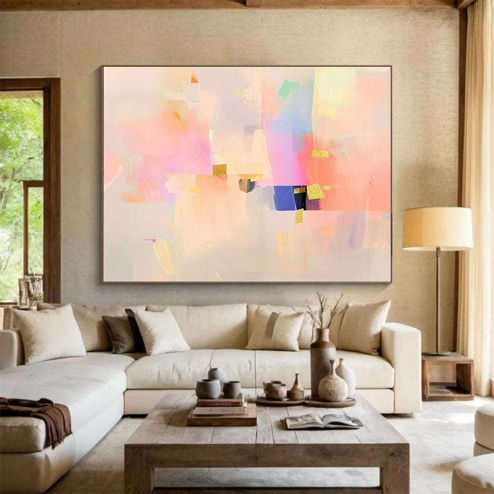 “Pastel Abstract with Gold Accents” - Pastel Palette, Gold Details, Abstract Forms Painting On Canvas HB0867