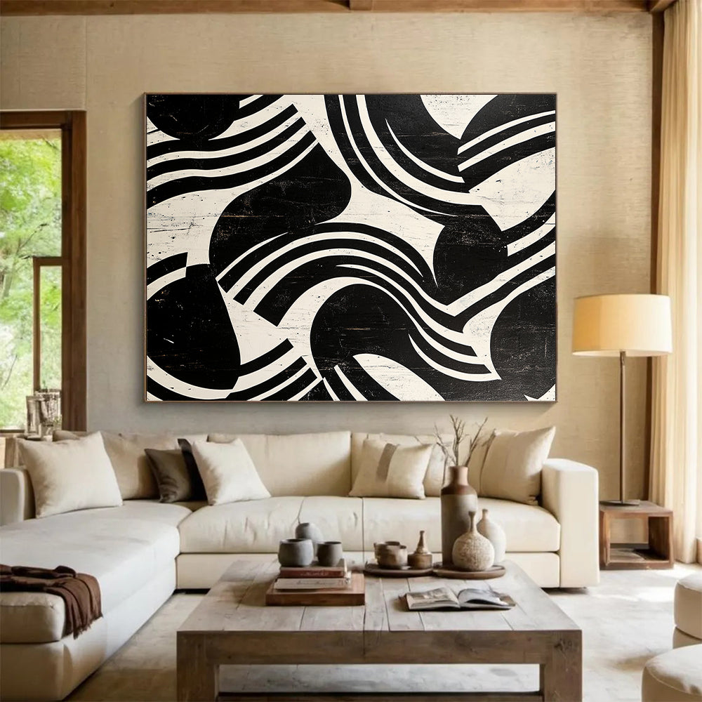 Black and White Curved Stripes "Dynamic Rhythm" Painting On Canvas HB271
