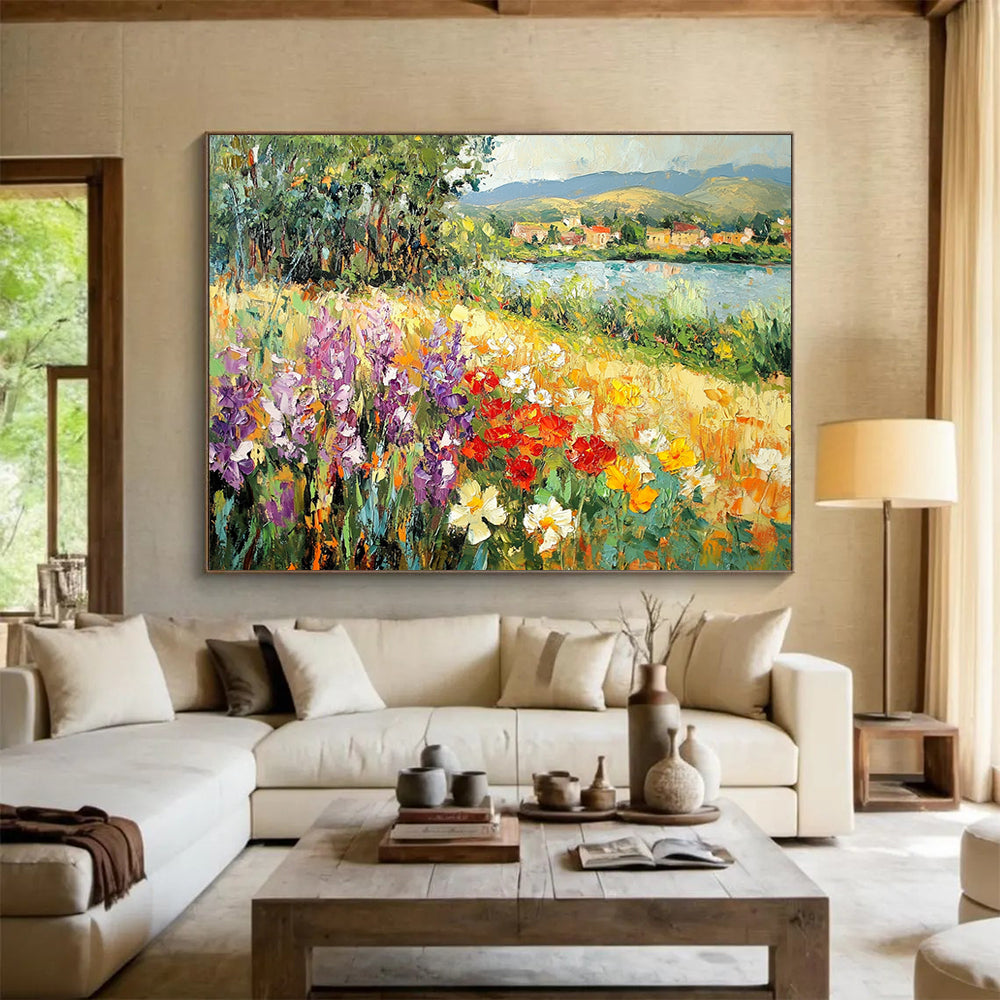 Flower - Filled Riverbank with Village View - Impressionistic Landscape Painting On Canvas HB0450