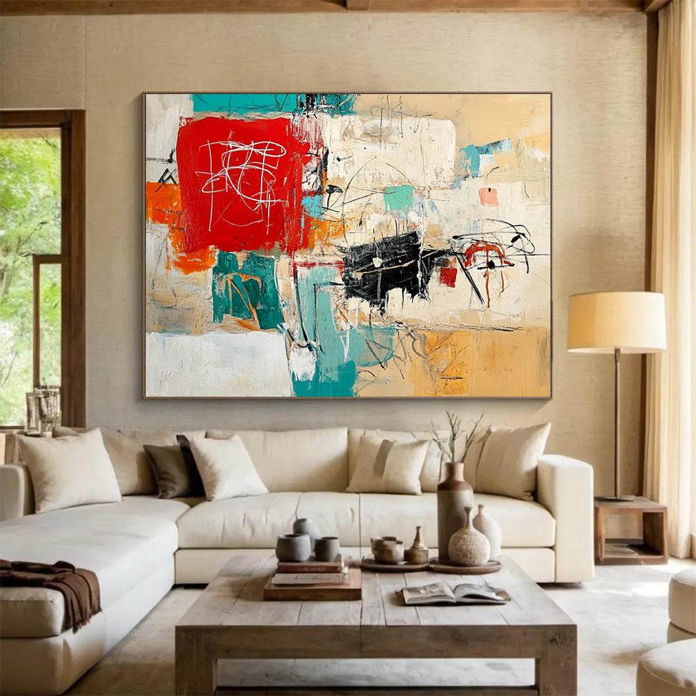 “Colorful Chaos” - Red, Teal, Orange, Expressive Marks - Abstract Expressionist Acrylic Painting HB1540