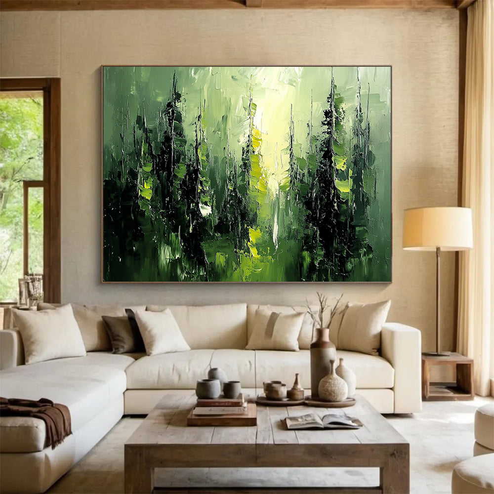 “Green Forest Impasto” - Green, Black, Abstract Trees - Textured Oil Painting HB1486