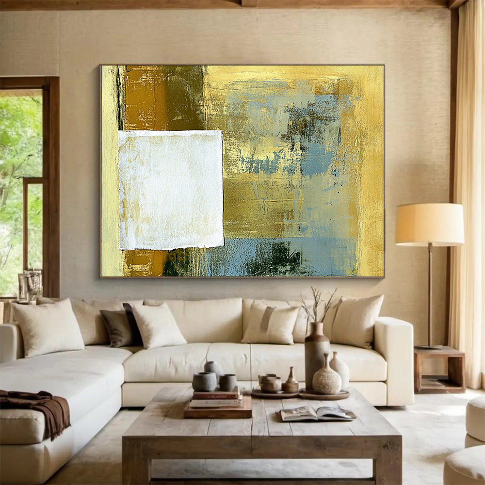 “Textured Gold - Blue Square” - Layered gold and blue with a raw - edged white square, Mixed - Media Abstract Painting On Canvas HB0541