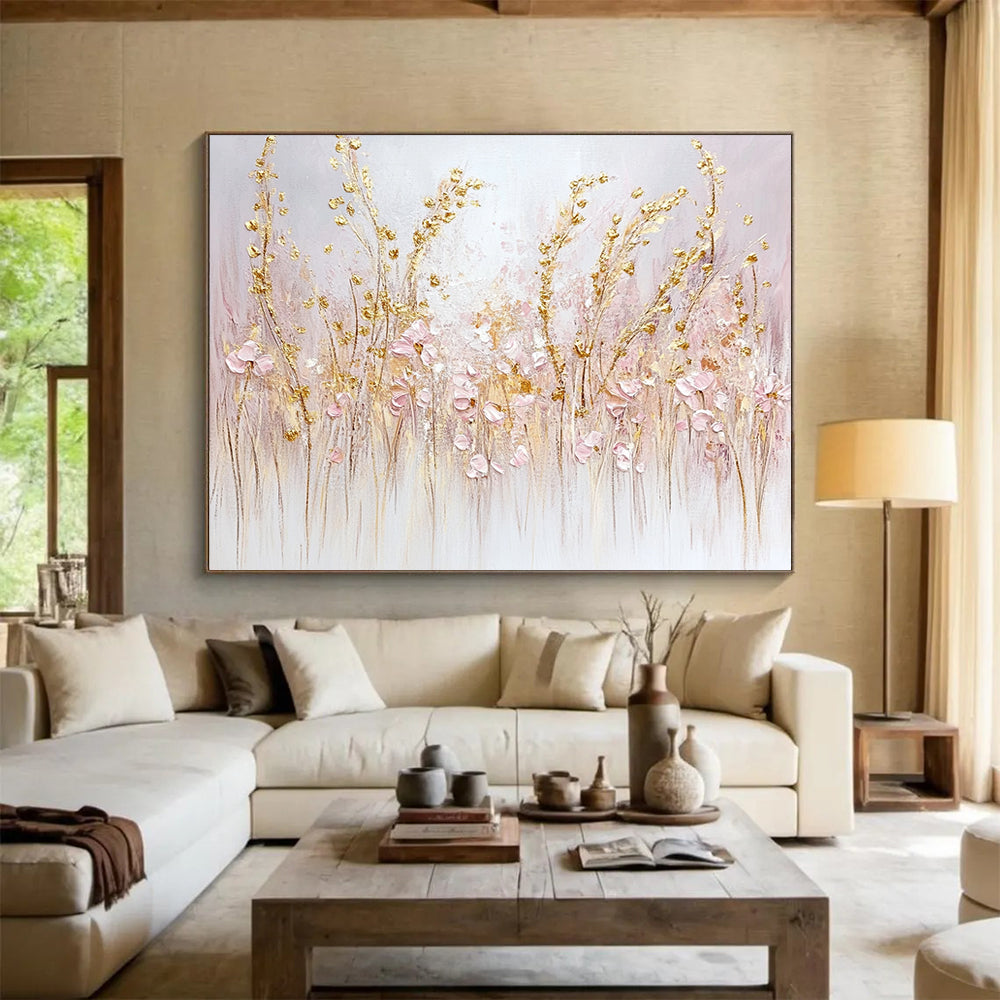 “Elegant Blush & Gold Meadows” - Pink, Gold, White, Delicate Wildflower Fields Painting On Canvas HB1017