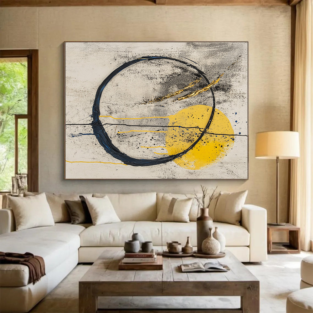 Gray, Yellow, Black, Gold, Circular Motifs "Sunrise Enso" Abstract Zen - Inspired Painting On Canvas HB057