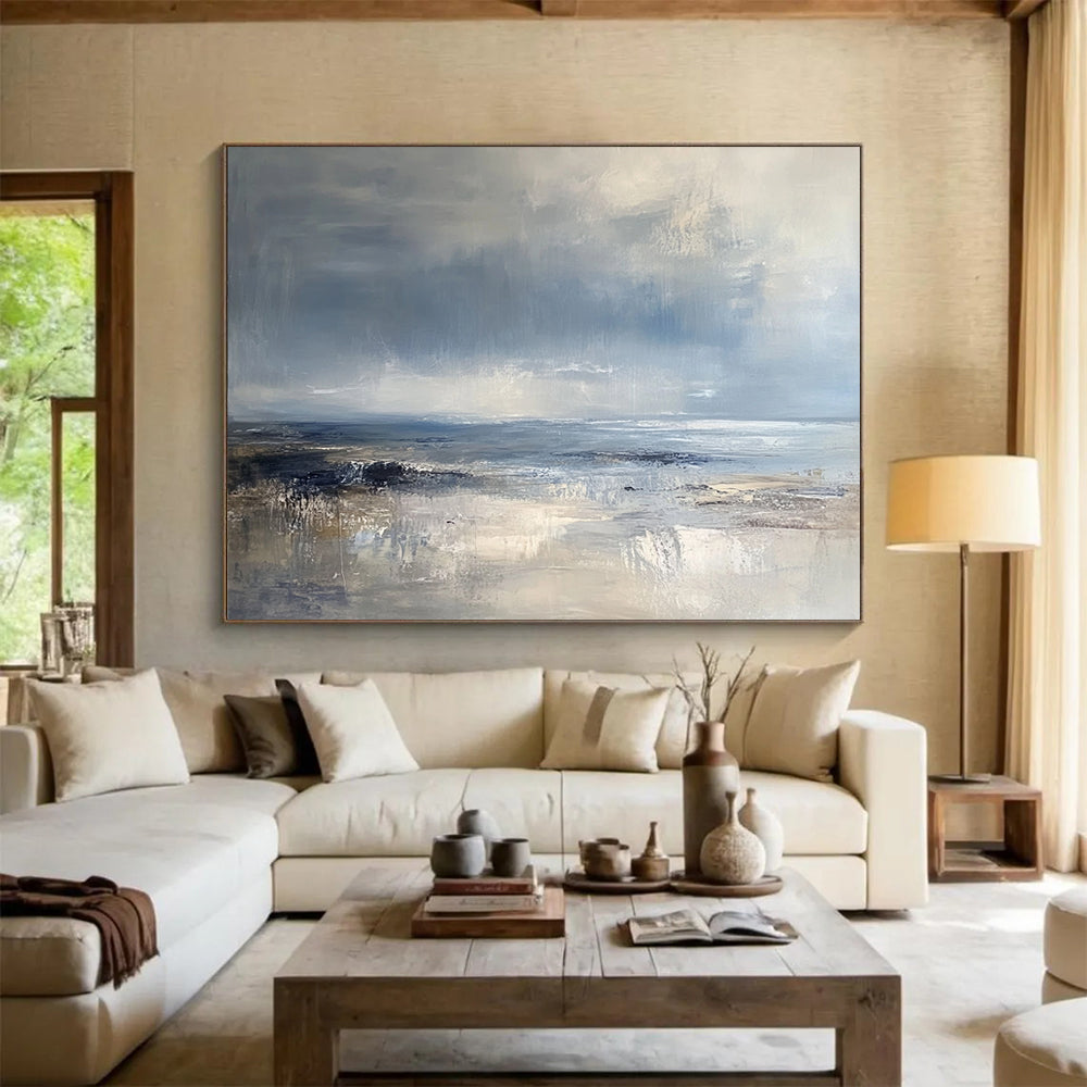 “Textured Coastal View” - Blue, Gray, Beige, Layered Seascapes and Dynamic Skies Painting On Canvas HB0921