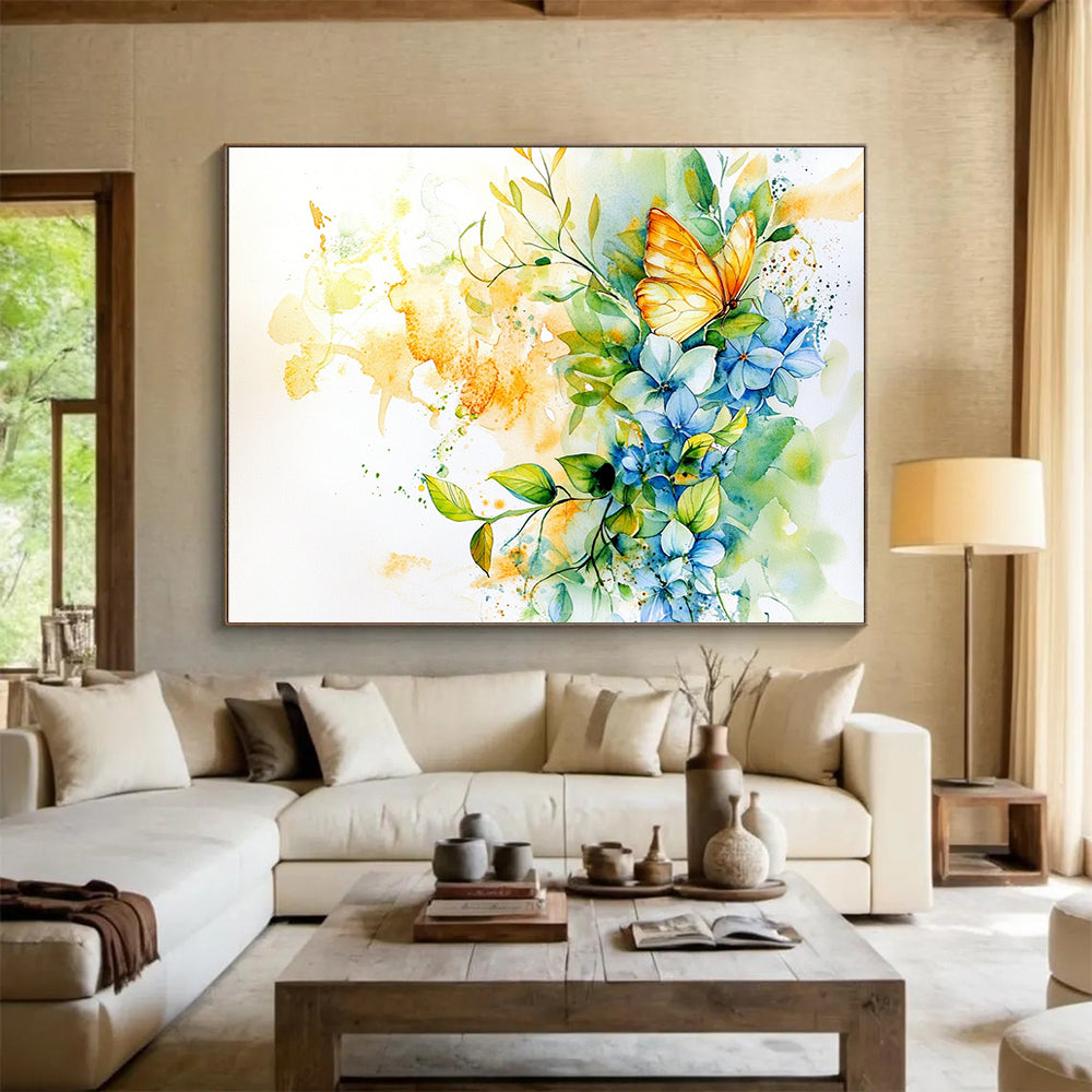 “Vibrant Butterfly & Blooms” - Blue, Yellow, Butterfly, Flowers Painting On Canvas HB0761