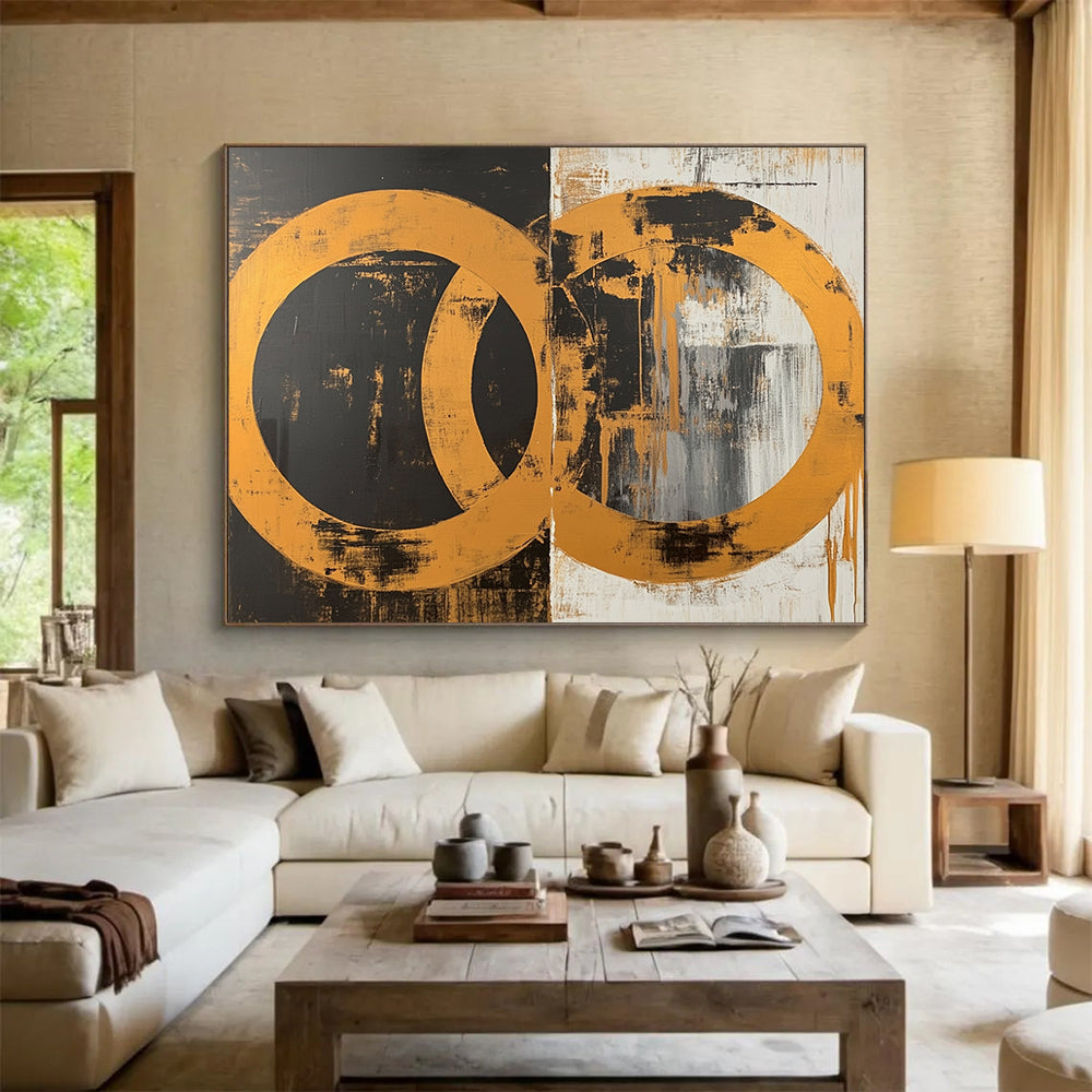 “Interlocking Gold Circles” - Gold, Black, White, Abstract Circles Painting On Canvas HB0785