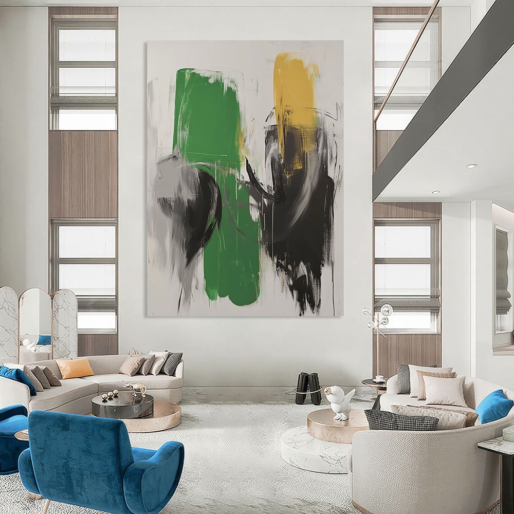 Large contemporary hand-painted abstract artwork featuring green and white tones with black strokes and blurred robot forms in dark gray. DLZ0523