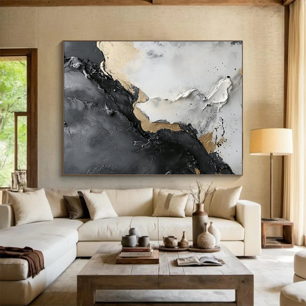Textured Gray, Black, and Gold Abstract - Luxe Impasto Painting On Canvas HB0494