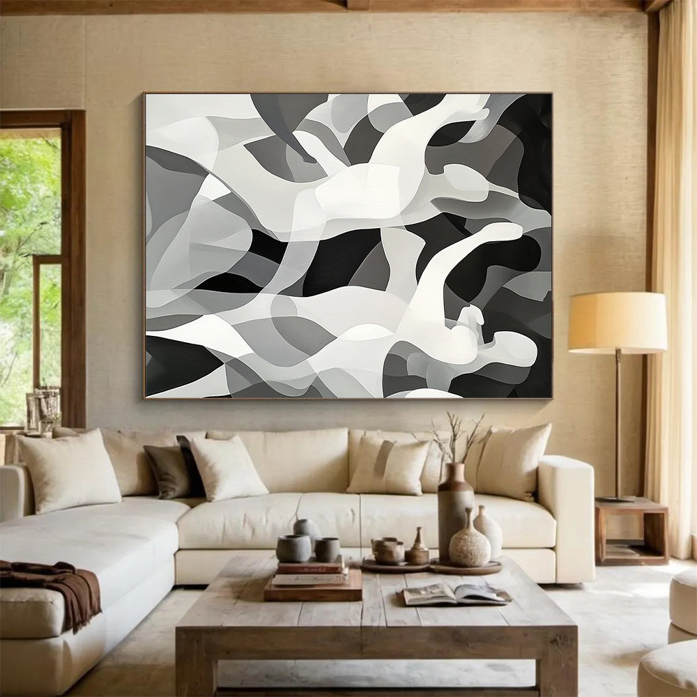 Black, White, Gray, Dancing Figures "Gilded Dance" Abstract Cubist - Inspired Painting On Canvas HB146