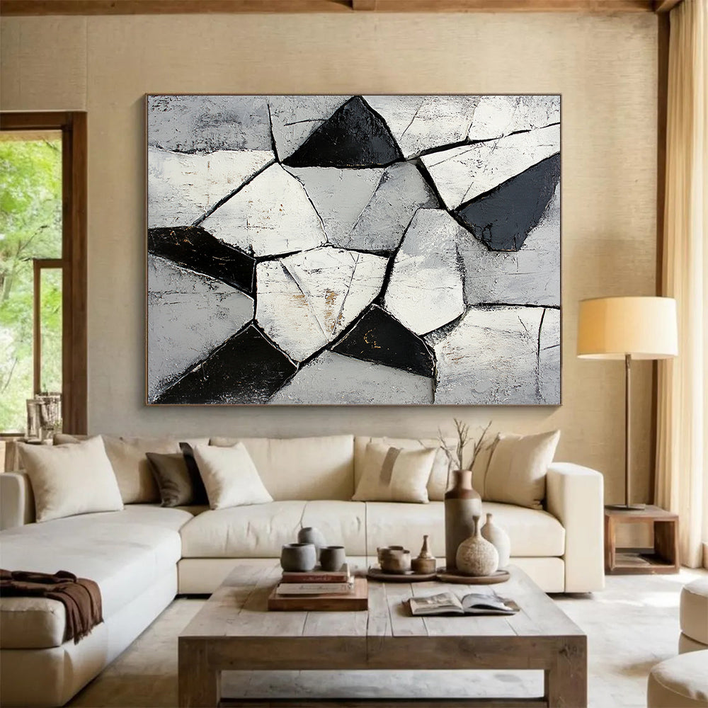 Gray, Black, White, Fragmented Shapes "Broken Mosaic" Abstract Cubist - Inspired Painting On Canvas HB060