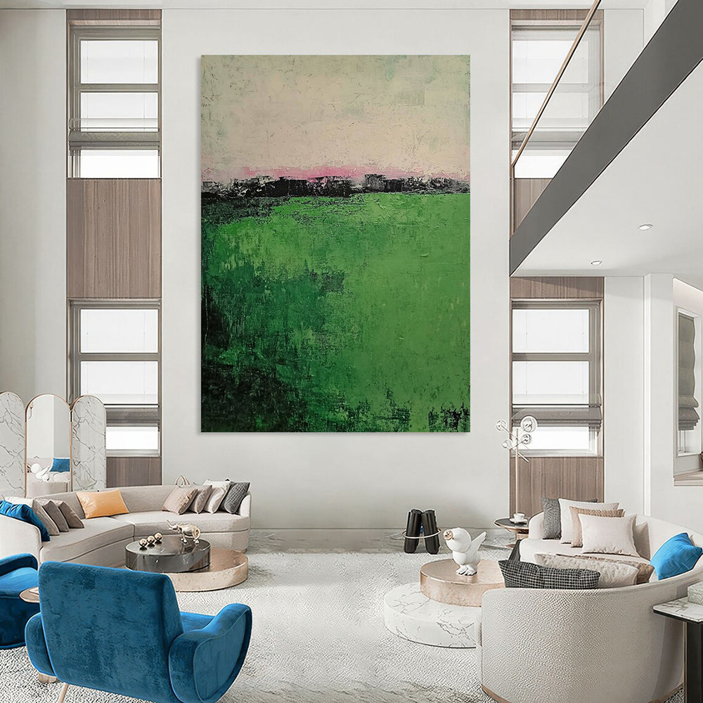 Contemporary abstract painting showcasing muted green grass foreground and a foggy village background featuring soft brush strokes on a textured canvas. DLZ0392
