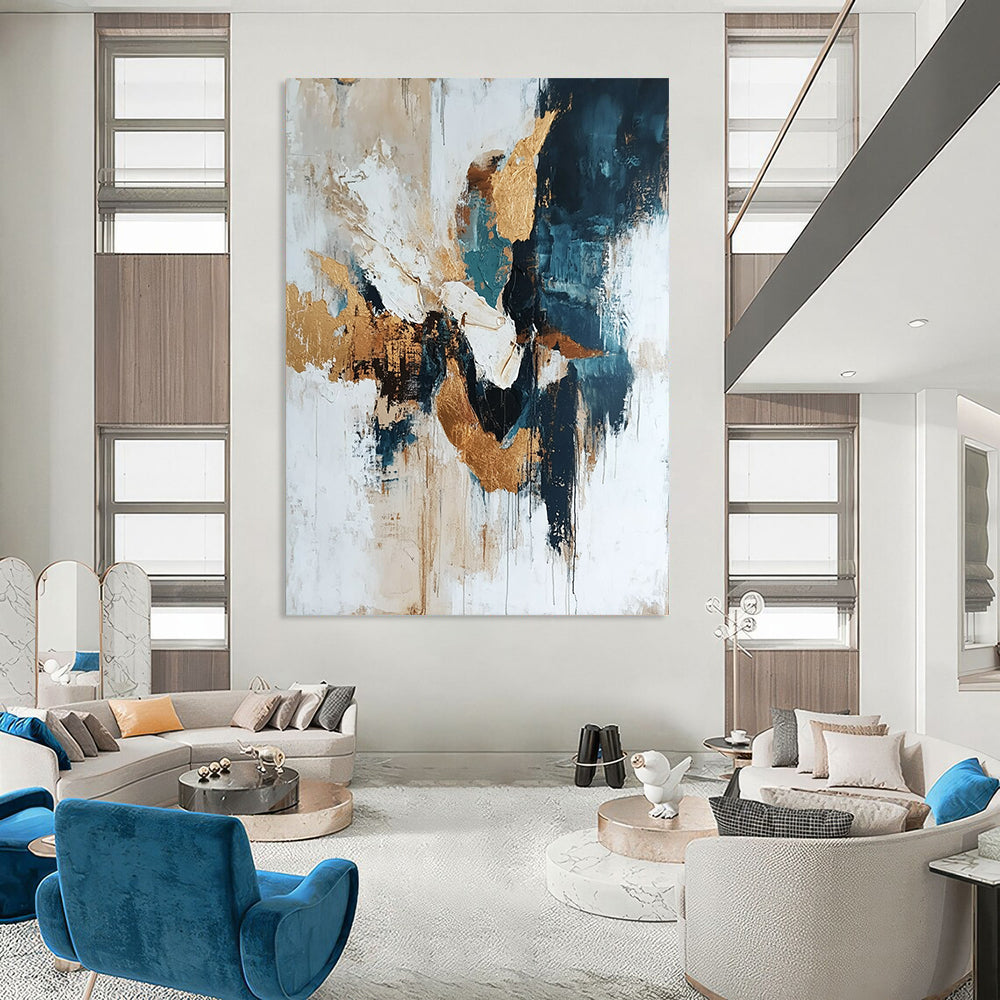 Contemporary abstract artwork featuring gold leafing and glitter on a white background with organic shapes and diverse tones of blue and gray. DLZ0543