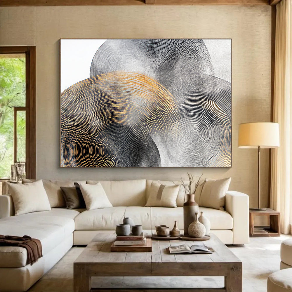 Gray, Silver, Black and Gold Abstract Circles "Celestial Rhythms" Painting On Canvas HB379